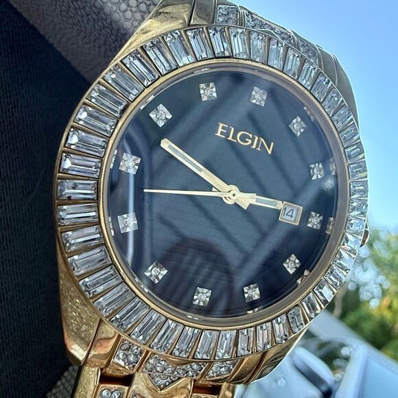 Elgin Gold Tone Watch with Crystal Accents & Black Dial – Needs Battery - Picture 17 of 17